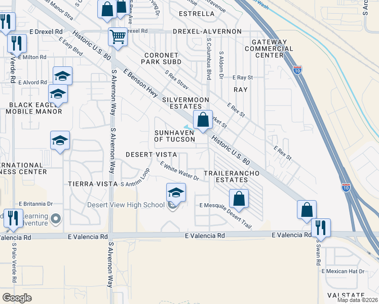 map of restaurants, bars, coffee shops, grocery stores, and more near 6183 South Water Fountain Drive in Tucson