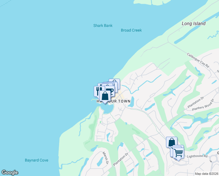 map of restaurants, bars, coffee shops, grocery stores, and more near 730 Lighthouse Road in Hilton Head Island