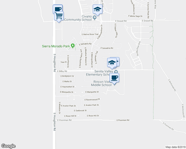 map of restaurants, bars, coffee shops, grocery stores, and more near 10615 East Bridgeport Street in Tucson