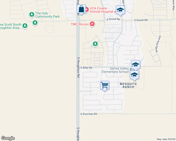map of restaurants, bars, coffee shops, grocery stores, and more near 10401 East Bridgeport Street in Tucson