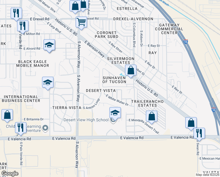 map of restaurants, bars, coffee shops, grocery stores, and more near 4151 East Spring Water Drive in Tucson