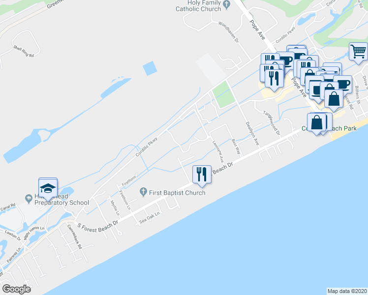 map of restaurants, bars, coffee shops, grocery stores, and more near 19 Lemoyne Avenue in Hilton Head Island