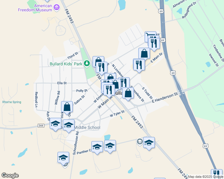 map of restaurants, bars, coffee shops, grocery stores, and more near 113 Phillips Street in Bullard
