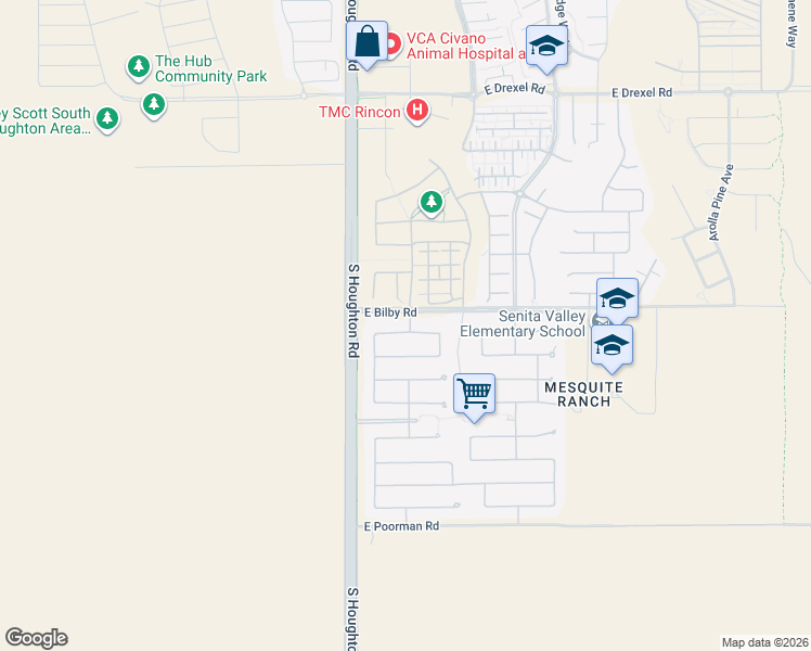 map of restaurants, bars, coffee shops, grocery stores, and more near 10401 East Bridgeport Street in Tucson