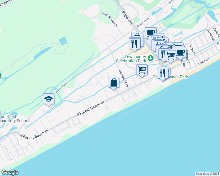 map of restaurants, bars, coffee shops, grocery stores, and more near 34 South Forest Beach Drive in Hilton Head Island
