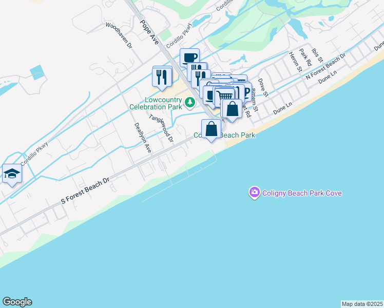 map of restaurants, bars, coffee shops, grocery stores, and more near 15 South Forest Beach Drive in Hilton Head Island