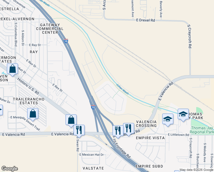 map of restaurants, bars, coffee shops, grocery stores, and more near 4890 East Wash Overlook Drive in Tucson