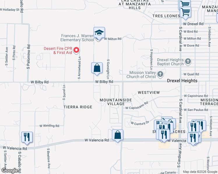 map of restaurants, bars, coffee shops, grocery stores, and more near 6136 South Barrister Road in Tucson