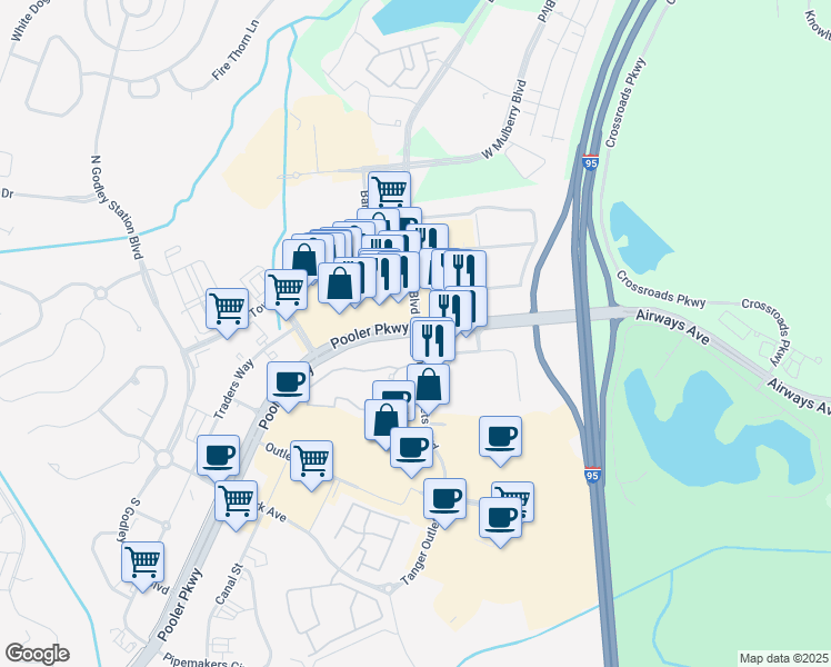 map of restaurants, bars, coffee shops, grocery stores, and more near Pooler Pkwy & Benton Blvd in Pooler