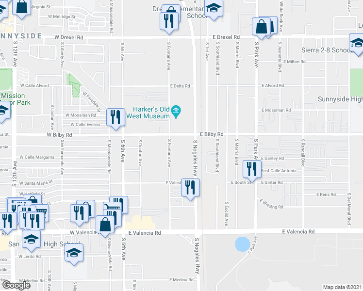 map of restaurants, bars, coffee shops, grocery stores, and more near 6136 South Nogales Highway in Tucson