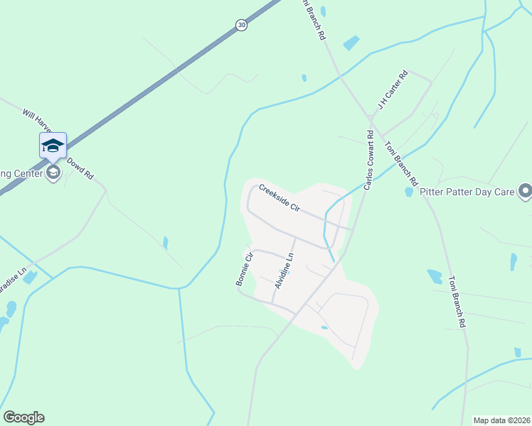 map of restaurants, bars, coffee shops, grocery stores, and more near 265 Creekside Circle in Ellabell