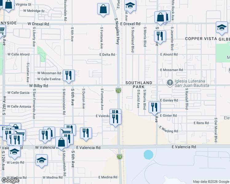 map of restaurants, bars, coffee shops, grocery stores, and more near 6136 South Nogales Highway in Tucson