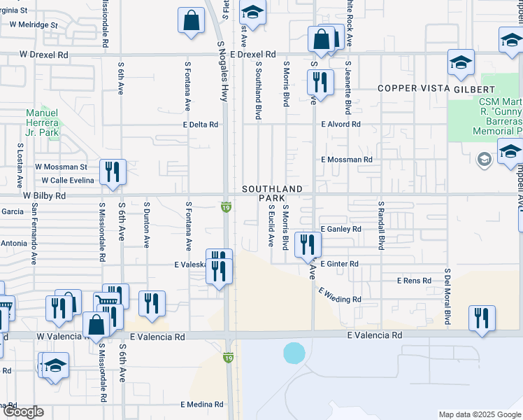 map of restaurants, bars, coffee shops, grocery stores, and more near 6125 South Southland Boulevard in Tucson