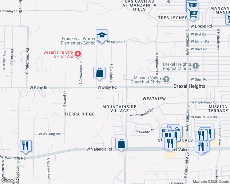 map of restaurants, bars, coffee shops, grocery stores, and more near 6136 South Barrister Road in Tucson