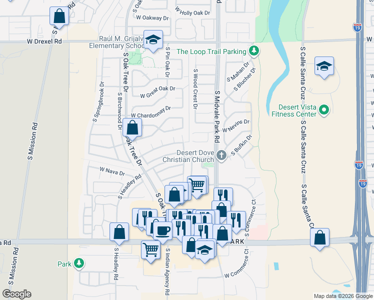 map of restaurants, bars, coffee shops, grocery stores, and more near 6135 South Avenue De La Chandelle in Tucson