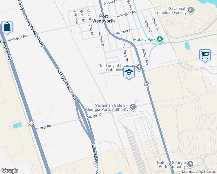 map of restaurants, bars, coffee shops, grocery stores, and more near 14 Horne Place in Port Wentworth