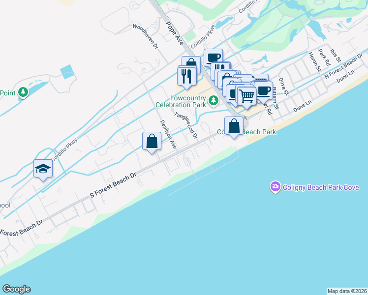 map of restaurants, bars, coffee shops, grocery stores, and more near 58 Deallyon Avenue in Hilton Head Island