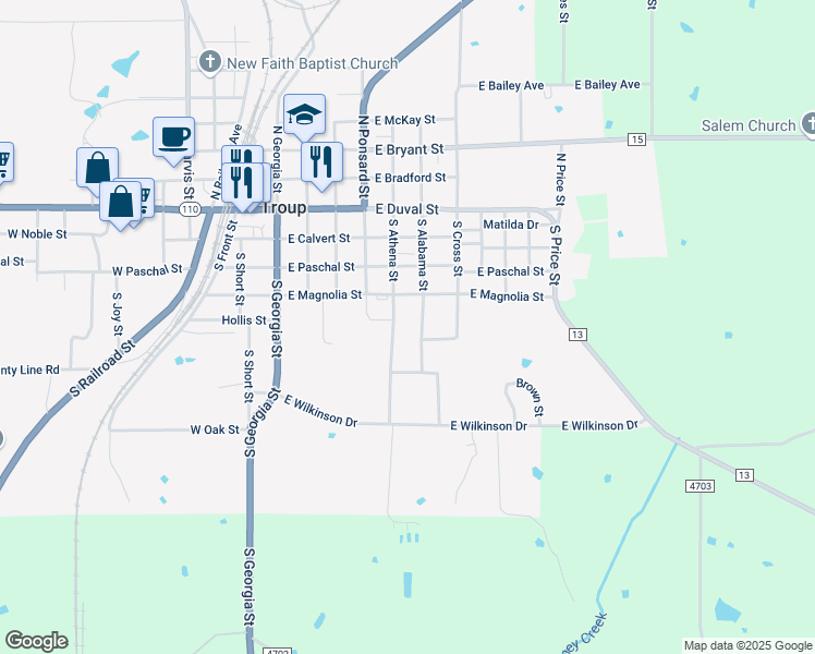 map of restaurants, bars, coffee shops, grocery stores, and more near 500-598 S Alabama St in Troup