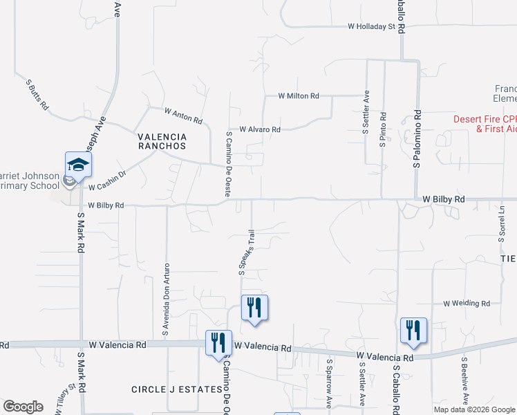 map of restaurants, bars, coffee shops, grocery stores, and more near 6220 South Speaks Trail in Tucson