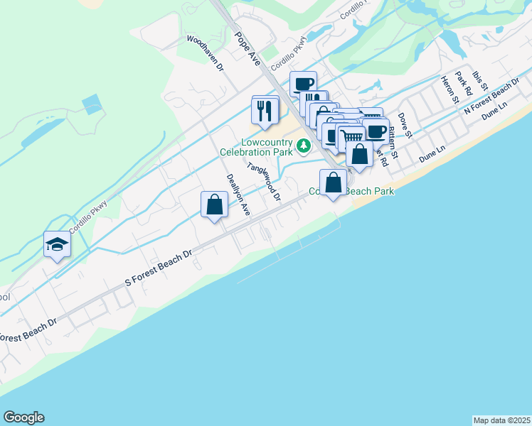map of restaurants, bars, coffee shops, grocery stores, and more near 5 Tanglewood Drive in Hilton Head Island