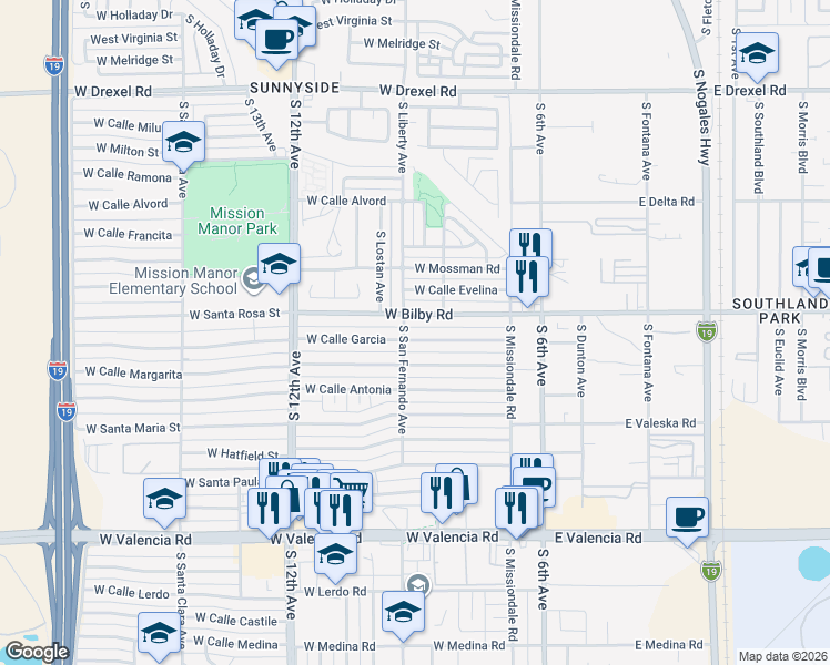 map of restaurants, bars, coffee shops, grocery stores, and more near 310 West Calle Garcia in Tucson