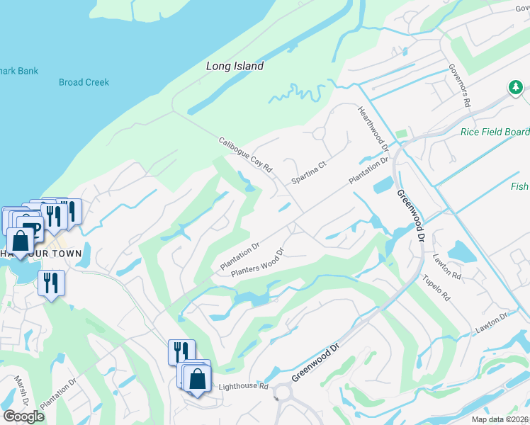 map of restaurants, bars, coffee shops, grocery stores, and more near 30 Plantation Drive in Hilton Head Island