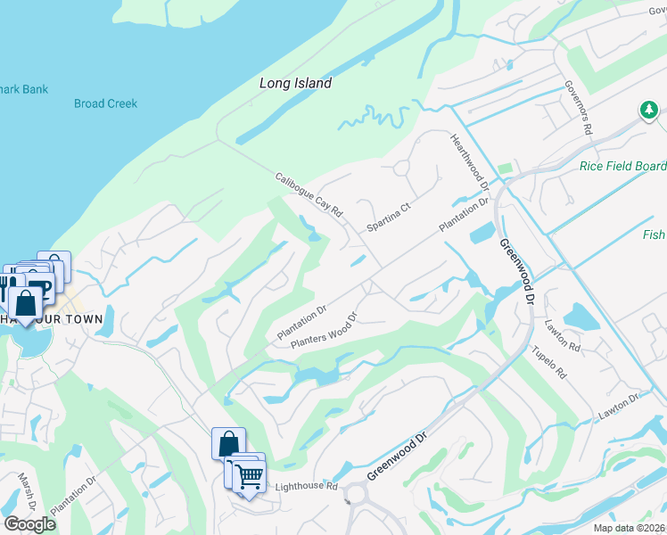 map of restaurants, bars, coffee shops, grocery stores, and more near 30 Plantation Drive in Hilton Head Island