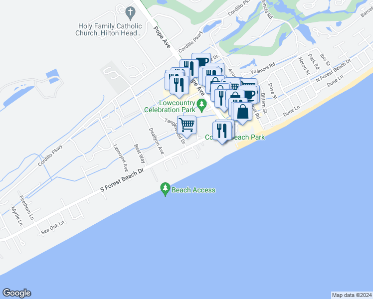 map of restaurants, bars, coffee shops, grocery stores, and more near 5 Tanglewood Drive in Hilton Head Island