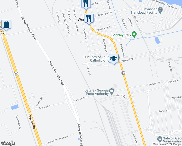 map of restaurants, bars, coffee shops, grocery stores, and more near 14 Horne Place in Port Wentworth