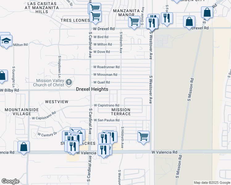 map of restaurants, bars, coffee shops, grocery stores, and more near 6112 South Hildreth Avenue in Tucson