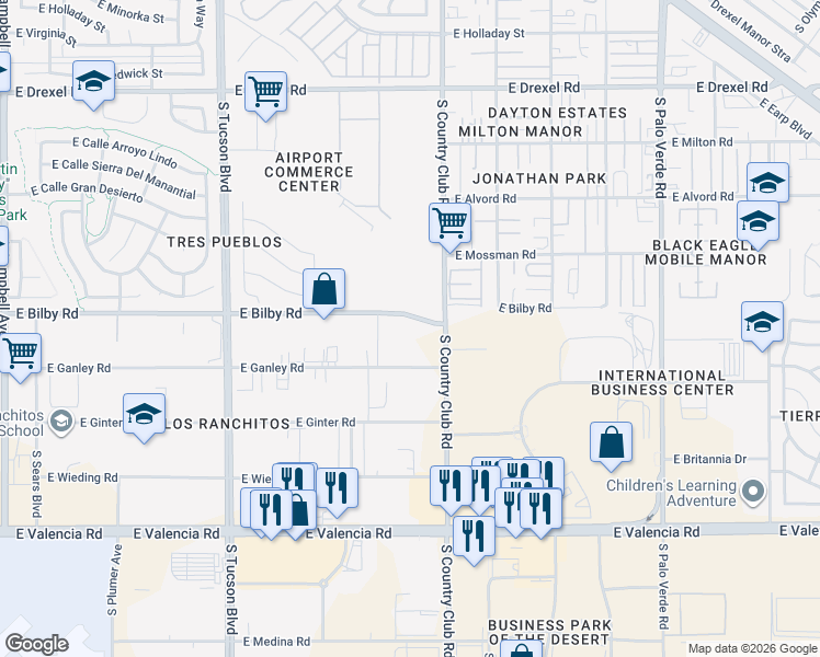 map of restaurants, bars, coffee shops, grocery stores, and more near 2916 East Bilby Road in Tucson