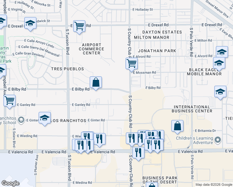 map of restaurants, bars, coffee shops, grocery stores, and more near 2916 East Bilby Road in Tucson