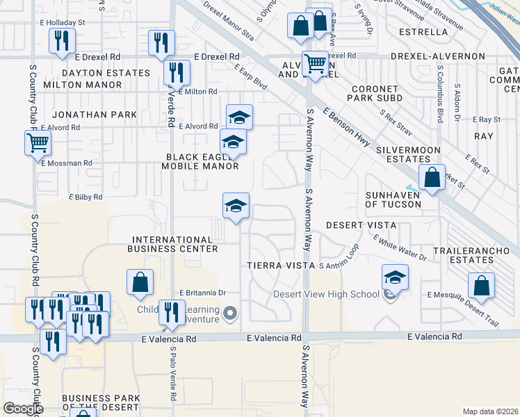 map of restaurants, bars, coffee shops, grocery stores, and more near 6164 South Sunrise Valley Drive in Tucson