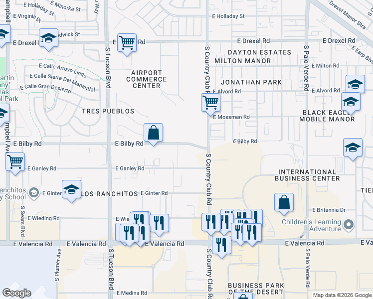 map of restaurants, bars, coffee shops, grocery stores, and more near 2916 East Bilby Road in Tucson