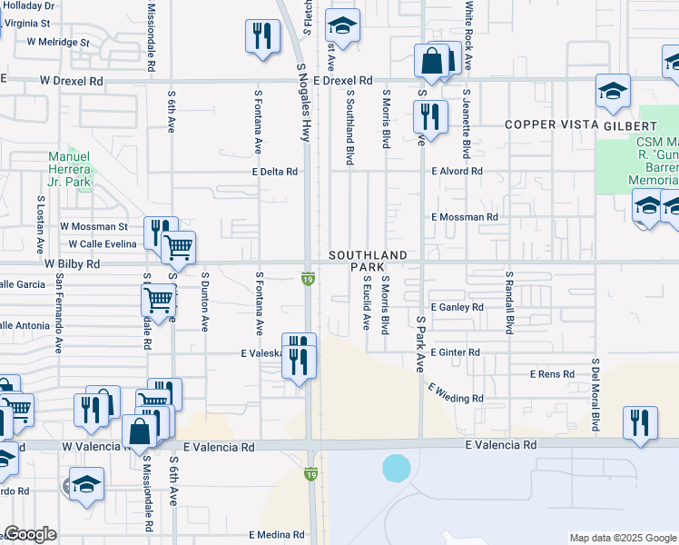 map of restaurants, bars, coffee shops, grocery stores, and more near 6125 South Southland Boulevard in Tucson