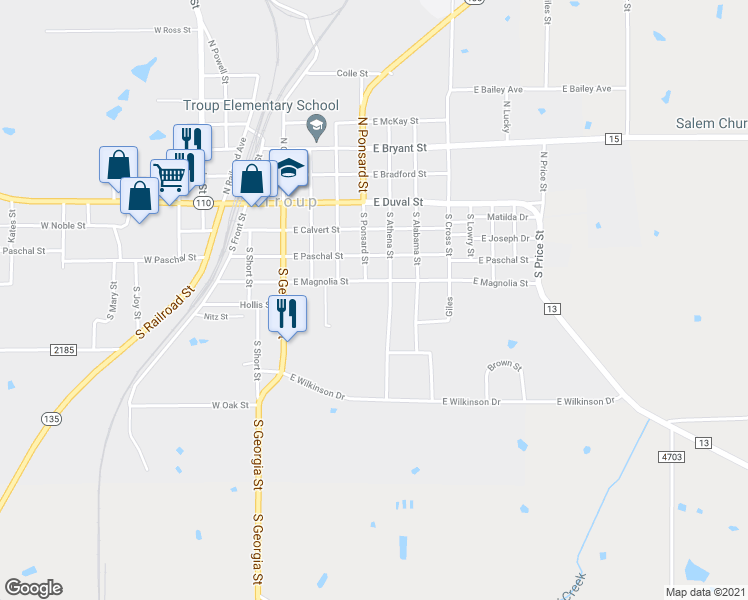 map of restaurants, bars, coffee shops, grocery stores, and more near 400 East Magnolia Street in Troup