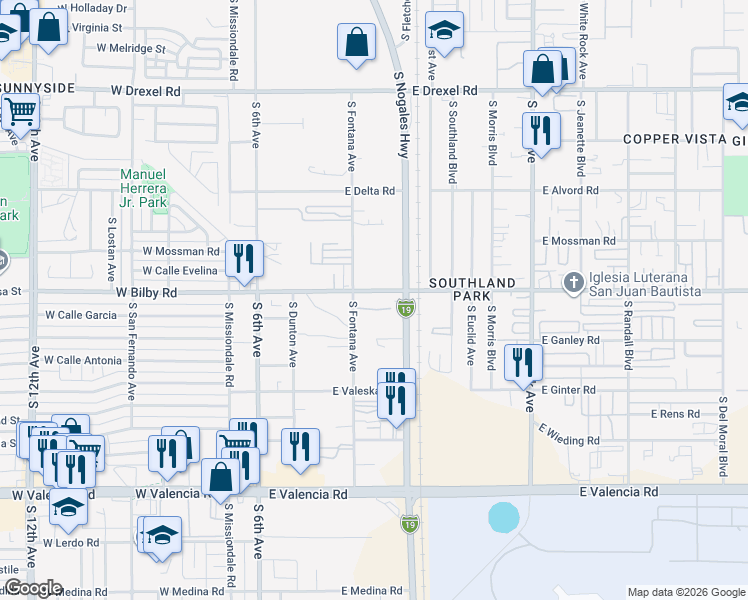 map of restaurants, bars, coffee shops, grocery stores, and more near 6136 South Nogales Highway in Tucson
