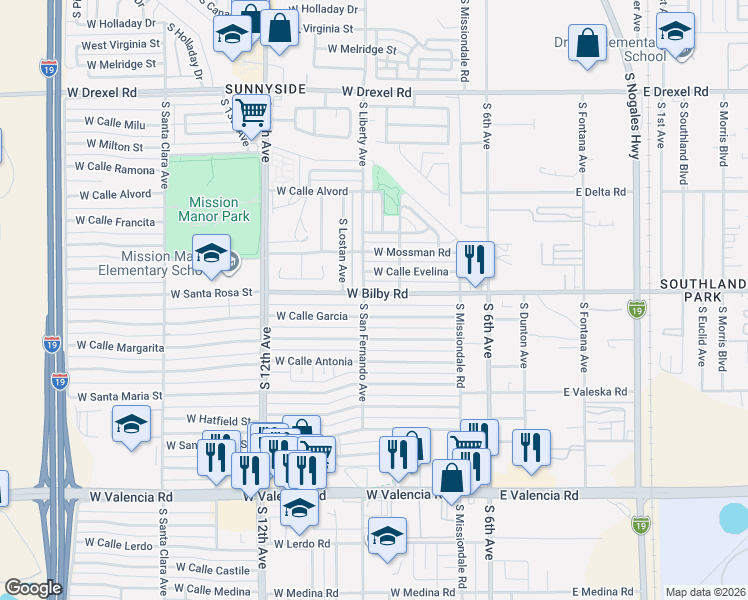 map of restaurants, bars, coffee shops, grocery stores, and more near 310 West Calle Garcia in Tucson
