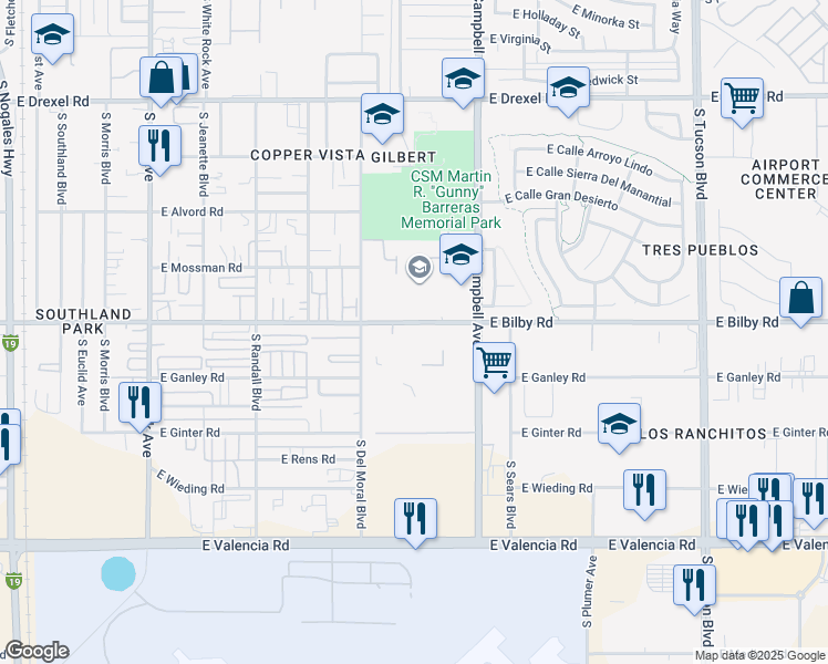 map of restaurants, bars, coffee shops, grocery stores, and more near 1710 East Bilby Road in Tucson