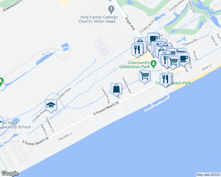 map of restaurants, bars, coffee shops, grocery stores, and more near 34 South Forest Beach Drive in Hilton Head Island