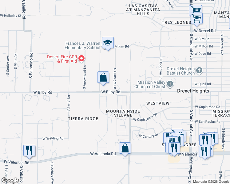 map of restaurants, bars, coffee shops, grocery stores, and more near 3453 West Bilby Road in Tucson
