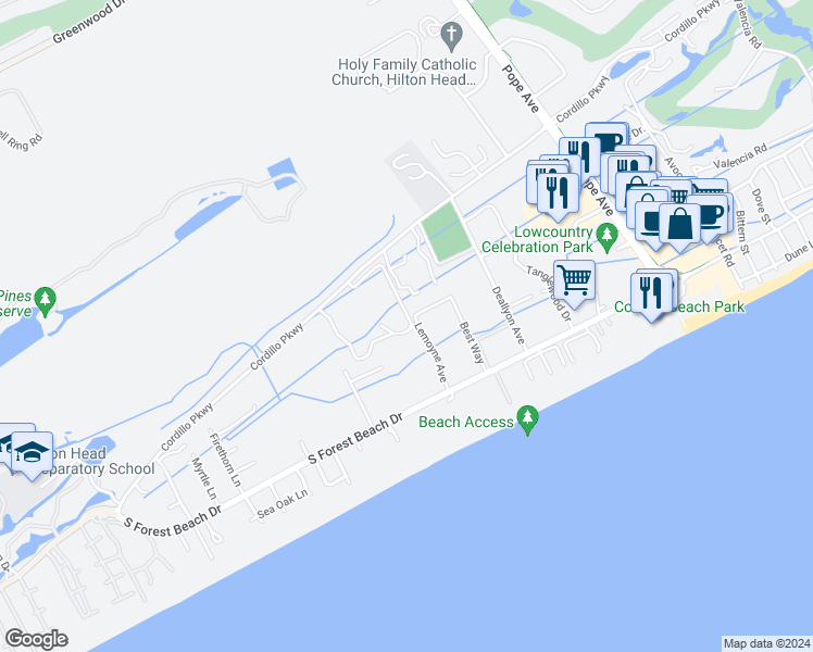 map of restaurants, bars, coffee shops, grocery stores, and more near 319 Ocean One in Hilton Head Island