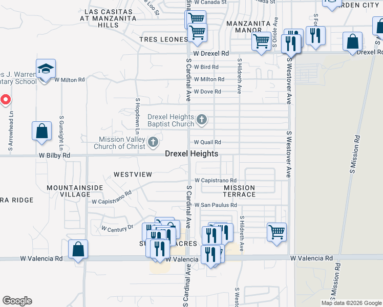 map of restaurants, bars, coffee shops, grocery stores, and more near in Drexel Heights