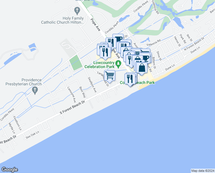 map of restaurants, bars, coffee shops, grocery stores, and more near 5 Tanglewood Drive in Hilton Head Island