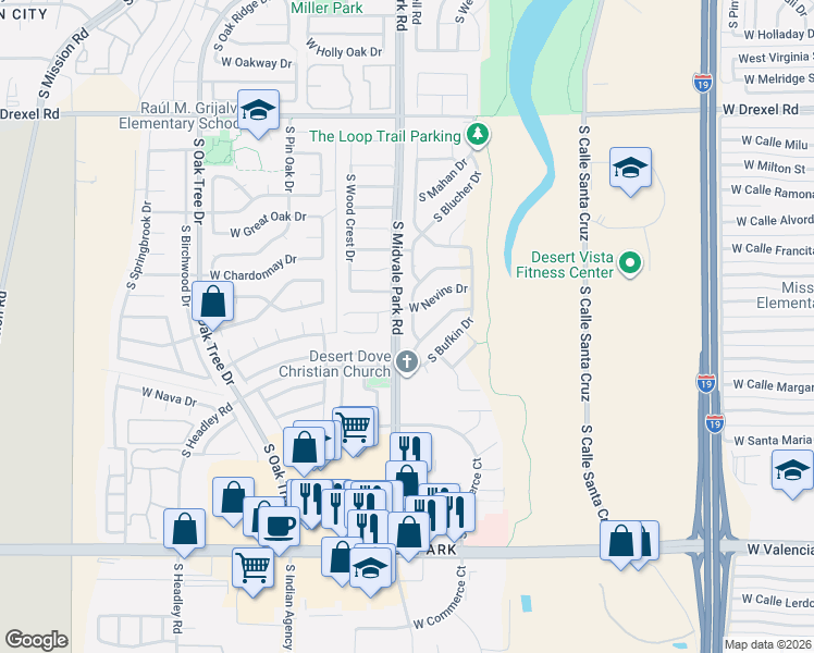map of restaurants, bars, coffee shops, grocery stores, and more near 1570 West Lama Drive in Tucson