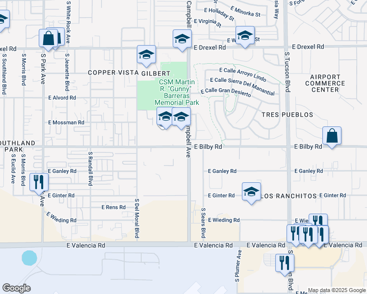 map of restaurants, bars, coffee shops, grocery stores, and more near 1868 East Bilby Road in Tucson