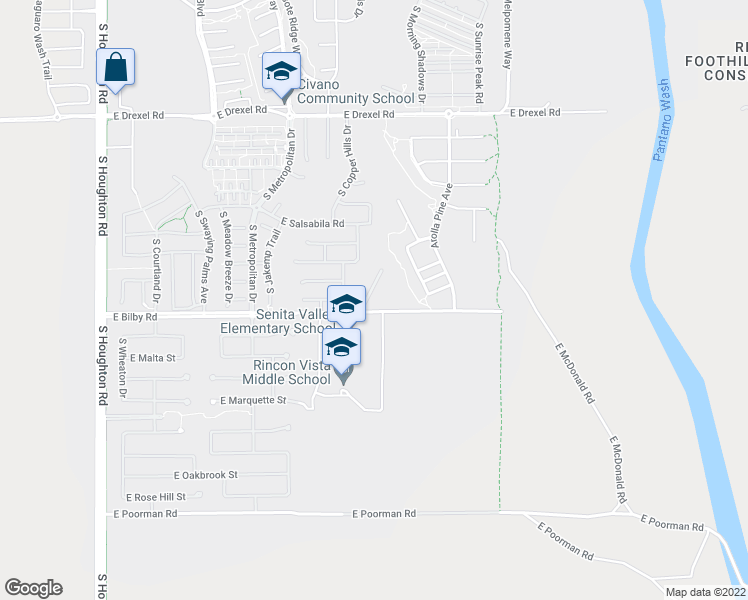 map of restaurants, bars, coffee shops, grocery stores, and more near 6075 South Hawks Hollow Court in Tucson