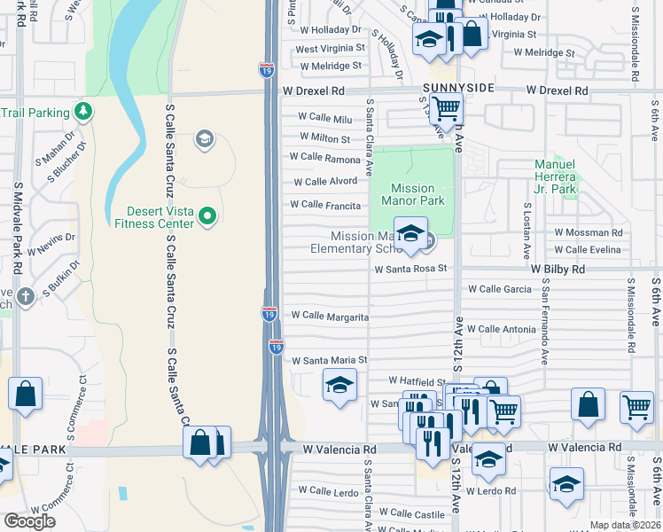 map of restaurants, bars, coffee shops, grocery stores, and more near 849 West Calle Evelina in Tucson