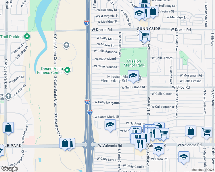 map of restaurants, bars, coffee shops, grocery stores, and more near 849 West Calle Evelina in Tucson