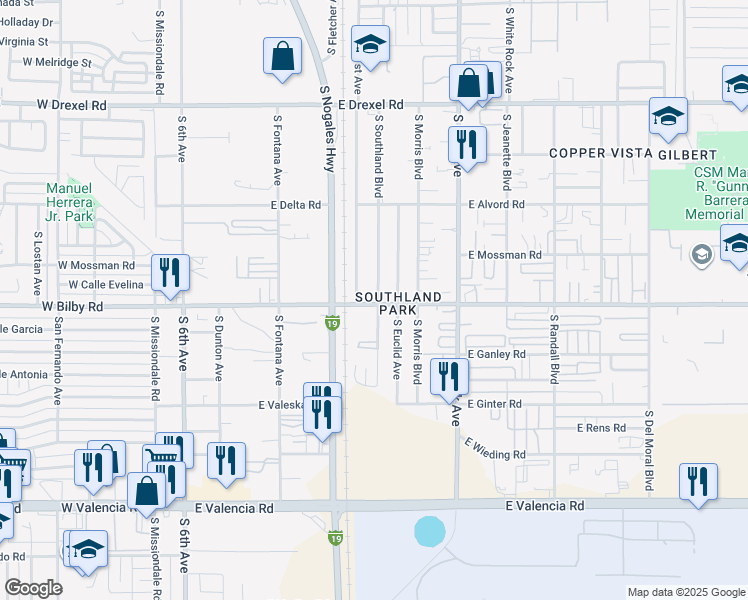 map of restaurants, bars, coffee shops, grocery stores, and more near 6033 South Southland Boulevard in Tucson